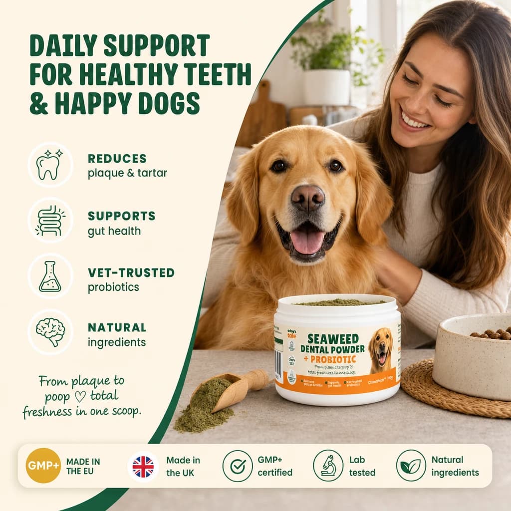 Amazon gallery image generated in Cleave for A Dog's Tale seaweed dental powder, showing four product benefits beside a photograph of a dog and its owner.