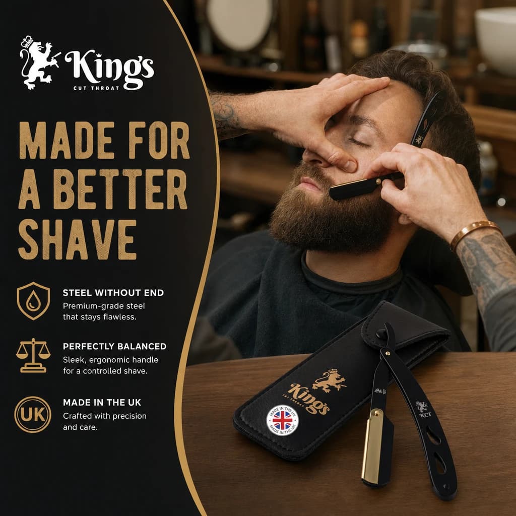Amazon gallery image generated in Cleave for a King's Cut Throat razor, listing steel, balance and UK manufacture beside a barber shaving a customer.
