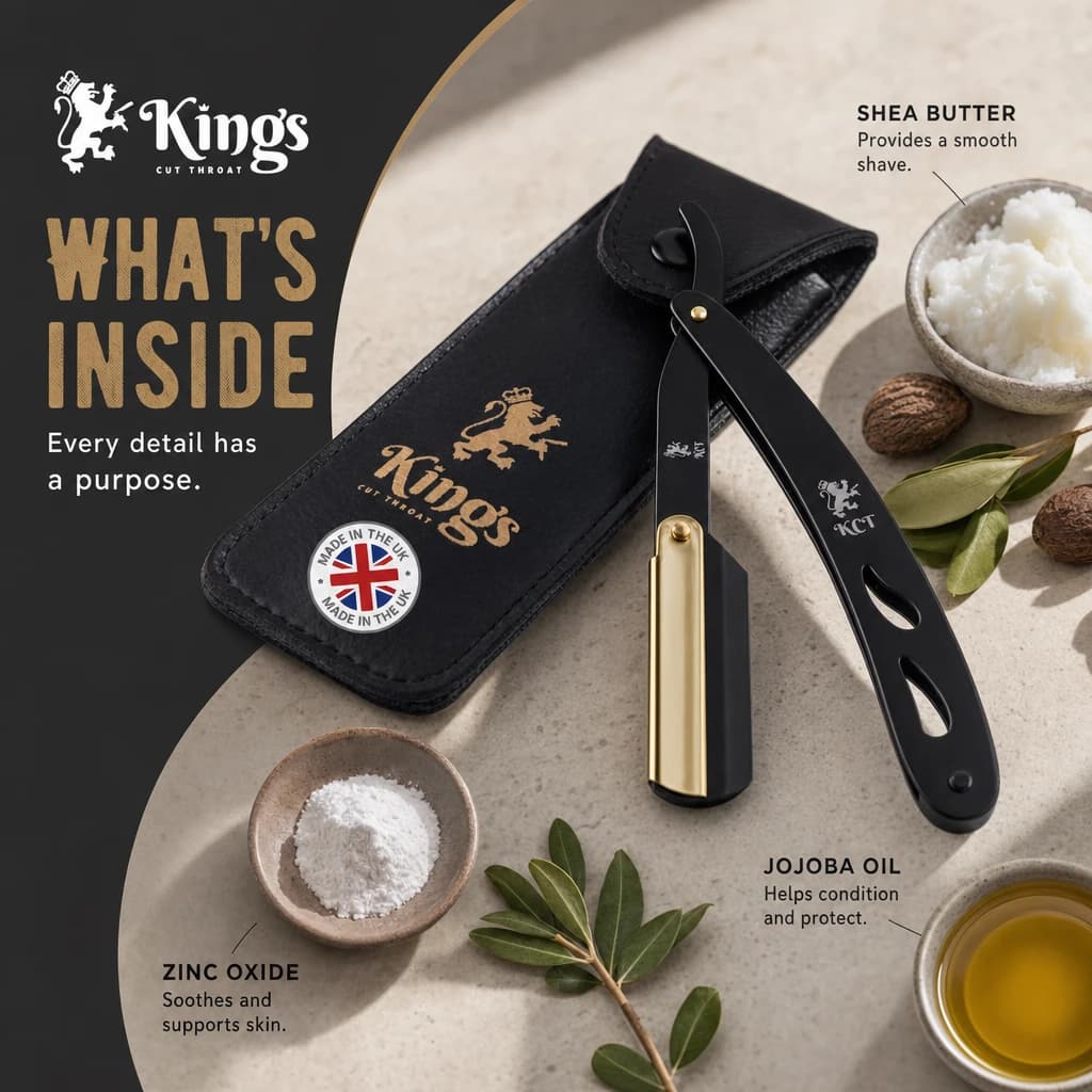 Amazon gallery image generated in Cleave showing the King's Cut Throat razor and case with its shea butter, zinc oxide and jojoba oil ingredients called out.